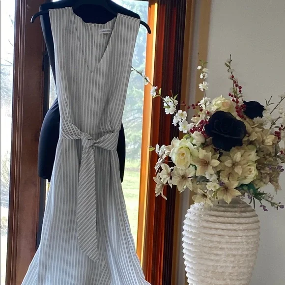 NWOT Jumpsuit Elegant Striped White with attached sash, very light and airy. - Picture 1 of 12